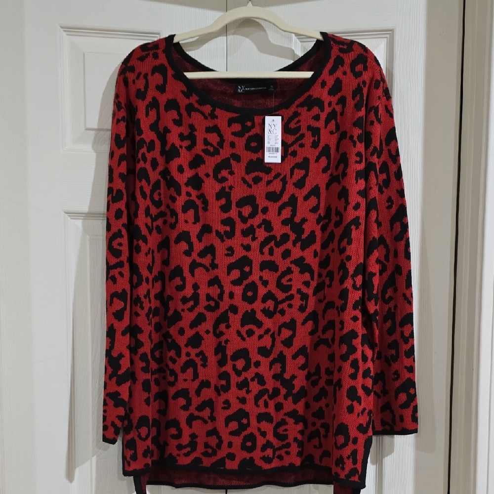 NWT-New York & Company Red and Black Animal Print Sweater